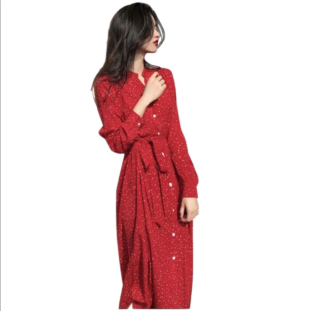 KARNEL LONG SLEEVE DOTTED MIDI SHIRT DRESS